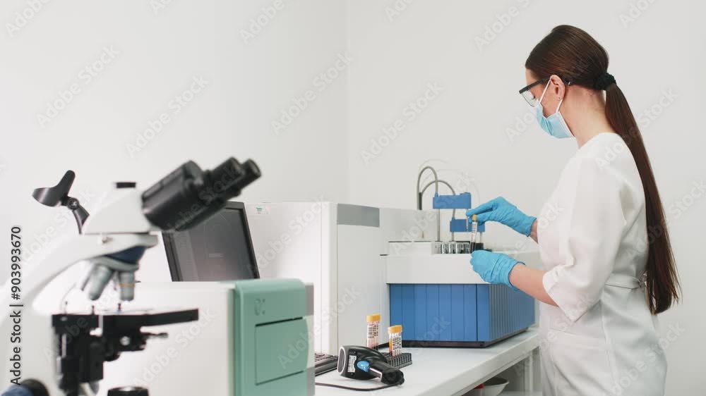 A scientist in a modern lab studies samples and conducts experiments in microbiology and pharmaceutical biochemistry. Working on vaccines and medicines with a team of specialists. A scientist in a modern lab studies samples and conducts experiments in microbiology and pharmaceutical biochemistry. Working on vaccines and medicines with a team of specialists.