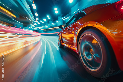 Dynamic nighttime drive of sports car on city highway with blurred lights