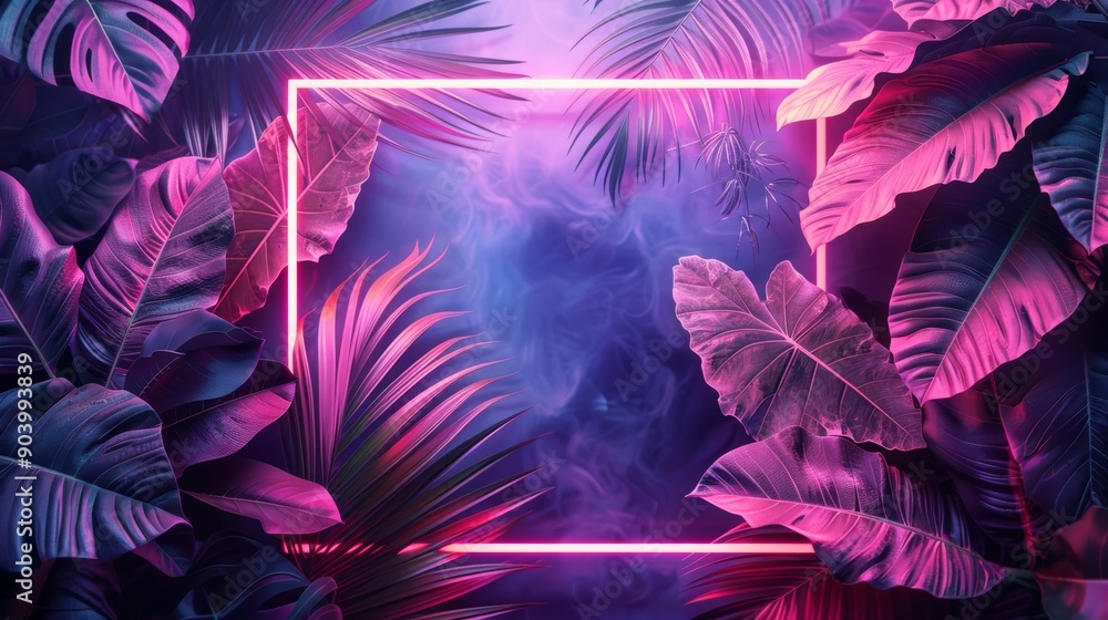 Fototapeta premium A stylish illustration featuring a neon frame with layered tropical leaves, creating depth and a vibrant atmosphere.