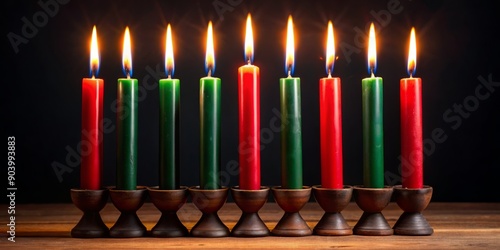 Vibrant red, black, and green Mishumaa Saba seven candles adorn a festive holiday greeting card on a black background, celebrating African heritage and Kwanzaa traditions. photo