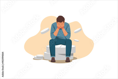 Anxious Man Sitting on Big Pill Face with Hands, Crying, Feel Frustrated. Depressed Businessman Suffer of Depression, Crisis, Anxiety Problem, Sad Male Character. Cartoon People Vector Illustration