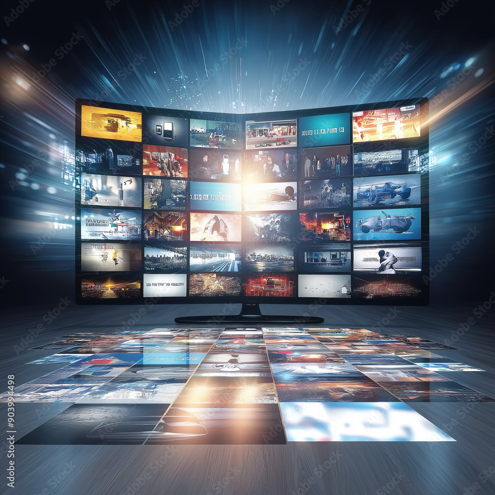 a highly immersive digital environment with an array of high-definition screens displaying a multitude of vibrant images and videos. This setup resembles a futuristic control room or a multimedia a highly immersive digital environment with an array of high-definition screens displaying a multitude of vibrant images and videos. This setup resembles a futuristic control room or a multimedia