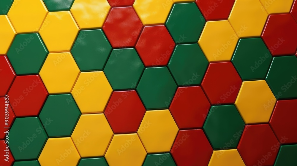 Colorful hexagonal tiles in red, green, and yellow arranged in a vibrant pattern Colorful hexagonal tiles in red, green, and yellow arranged in a vibrant pattern