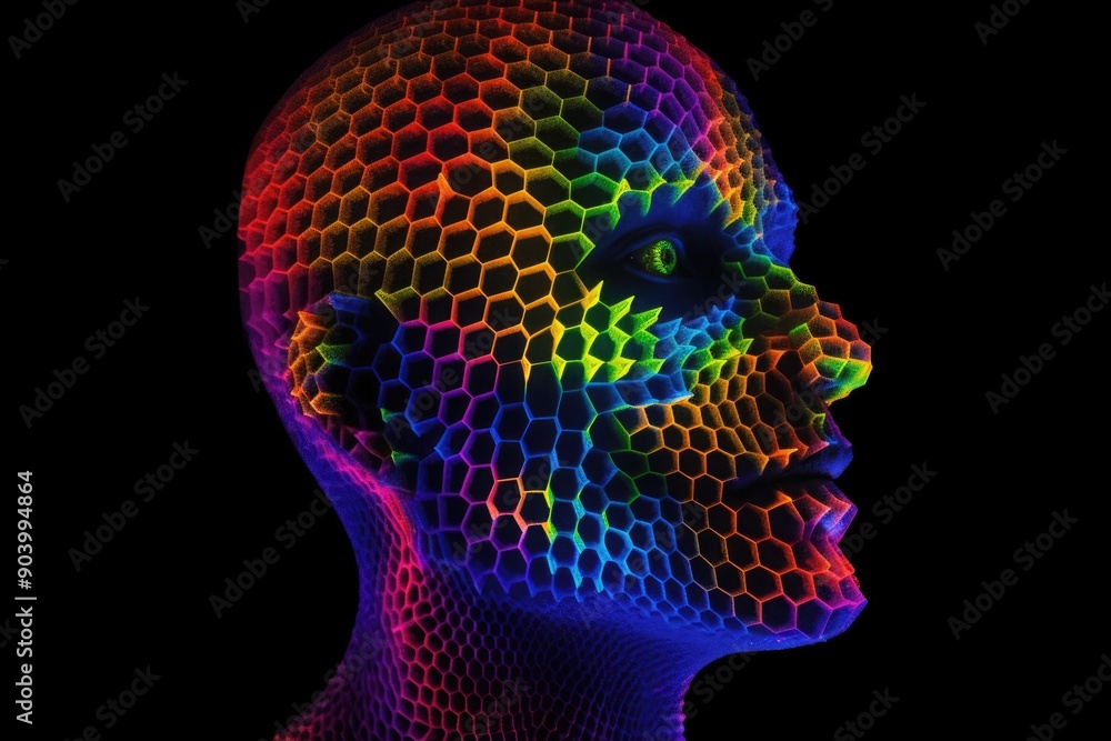 Colorful neon hexagonal pattern on a human face in profile Colorful neon hexagonal pattern on a human face in profile
