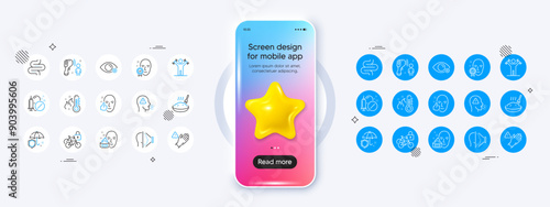 Healthy face, High thermometer and Intestine line icons. Phone mockup with 3d star icon. Pack of Face id, Porridge, Medical drugs icon. Vector