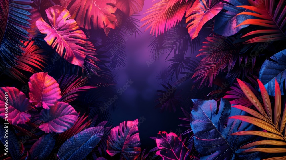A unique frame illustration with a mix of neon elements and tropical leaf silhouettes, creating a dynamic and lively design. A unique frame illustration with a mix of neon elements and tropical leaf silhouettes, creating a dynamic and lively design.