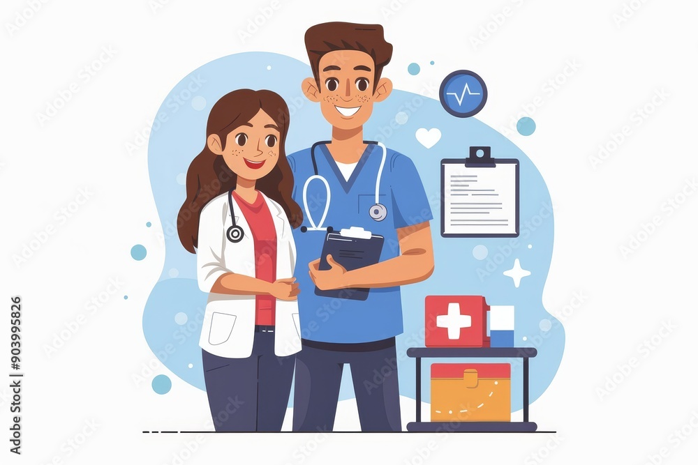 Medical team with a clipboard and medical chart representing collaborative healthcare and patient care. Medical team with a clipboard and medical chart representing collaborative healthcare and patient care.