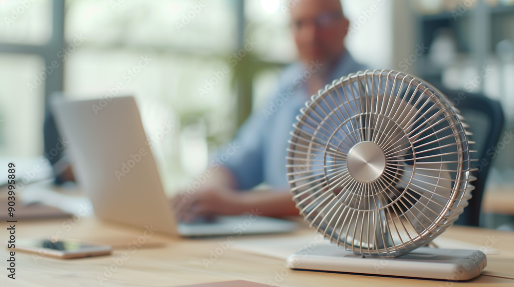 Ventilator Fan Cooler Closeup on Office Table - Blurred Businessman on Laptop in Background, Hot Temperature and Air Conditioning Photo Ventilator Fan Cooler Closeup on Office Table - Blurred Businessman on Laptop in Background, Hot Temperature and Air Conditioning Photo