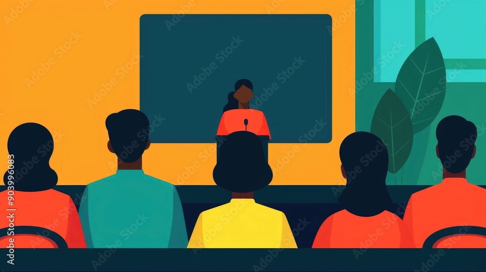 Flat design of an educational seminar or conference setting with a speaker or presenter in front of an audience of students or attendees in a classroom or lecture hall environment Flat design of an educational seminar or conference setting with a speaker or presenter in front of an audience of students or attendees in a classroom or lecture hall environment