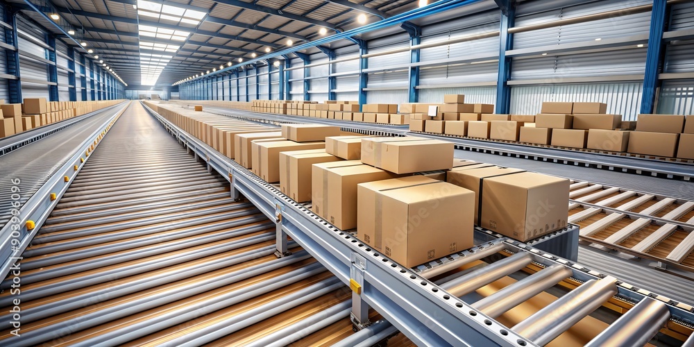Fast-moving conveyor belt system in a vast warehouse efficiently transports neatly stacked and sealed cardboard boxes for timely shipping in an industrial setting. Fast-moving conveyor belt system in a vast warehouse efficiently transports neatly stacked and sealed cardboard boxes for timely shipping in an industrial setting.