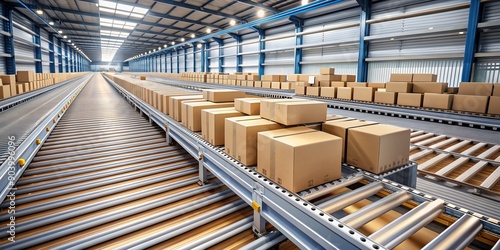 Fast-moving conveyor belt system in a vast warehouse efficiently transports neatly stacked and sealed cardboard boxes for timely shipping in an industrial setting.