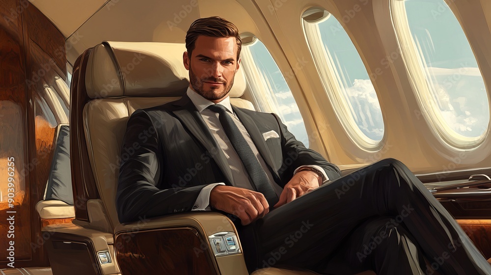 A well-dressed businessman sits comfortably in a luxurious private jet, symbolizing success and exclusivity. A well-dressed businessman sits comfortably in a luxurious private jet, symbolizing success and exclusivity.