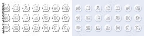 Outsourcing, Cloud system and Team work line icons. White pin 3d buttons, chat bubbles icons. Pack of Smartphone charging, Building, Vitamin h icon. Vector
