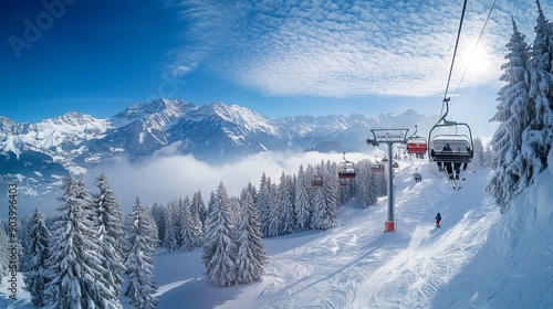 A skier rides the ski lift at Kitzbüheler Horn in the Austrian Alps during winter.