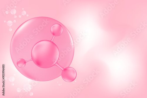 Nude pink 3D beauty background with molecule of hyaluronic acid or collagen ball, vector bio abstract scientific icon. Great for cosmetology advertisement. Beauty science skin care molecular concept