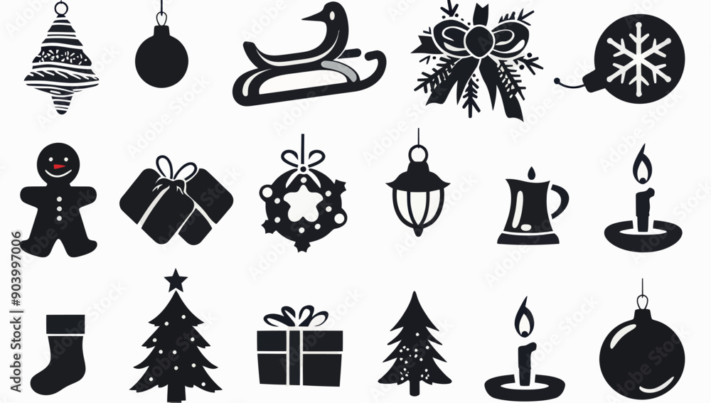 Naklejka premium Christmas Silhouettes Gingerbread, Presents, Wreath, and More Festive Icons