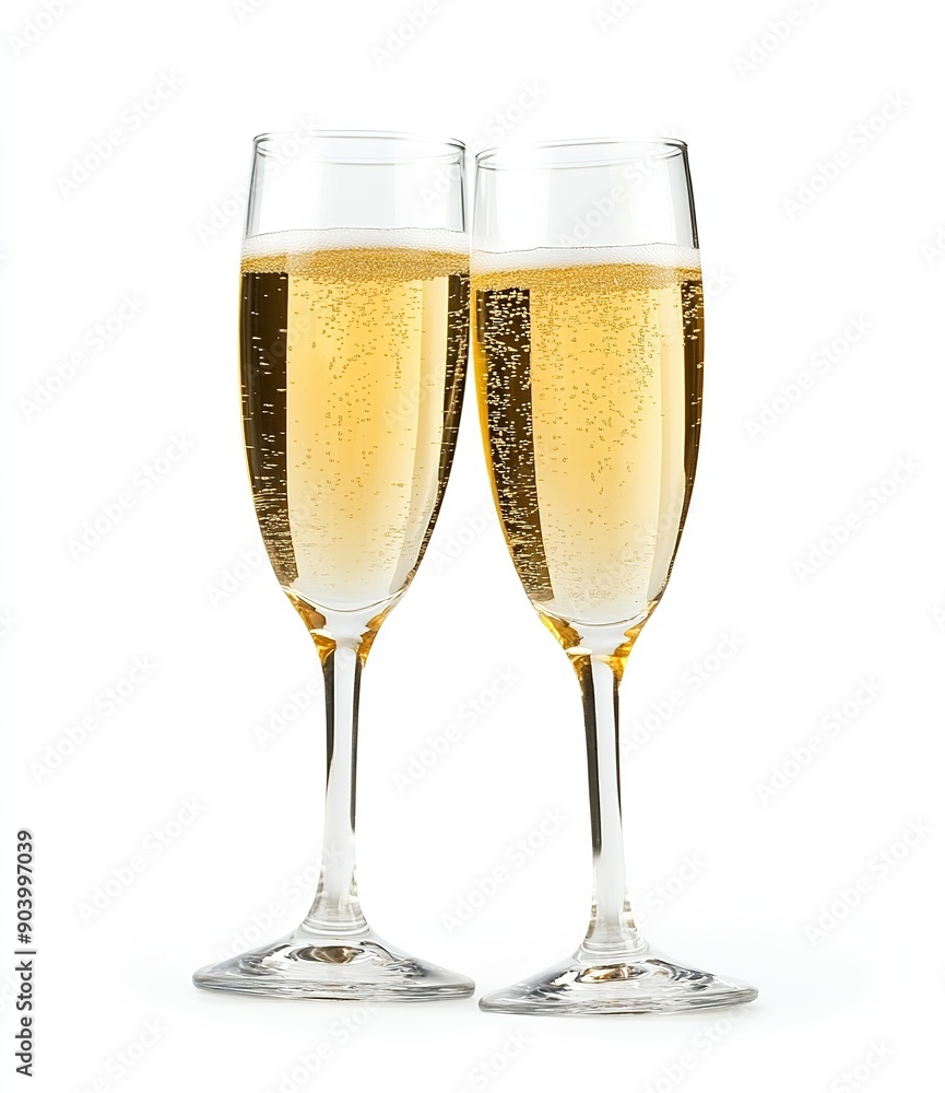 Two Glasses of Champagne Clinking on White Background with Clipping Path, Full Depth Foreground and Background, Soft Shadows, Clean Sharp Focus Two Glasses of Champagne Clinking on White Background with Clipping Path, Full Depth Foreground and Background, Soft Shadows, Clean Sharp Focus