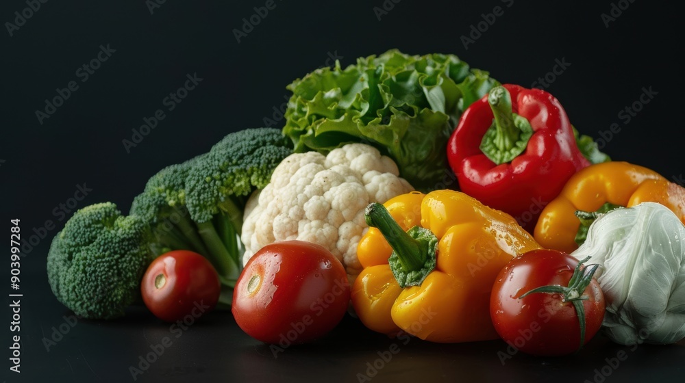 A colorful variety of fresh vegetables is beautifully displayed against a black background A colorful variety of fresh vegetables is beautifully displayed against a black background