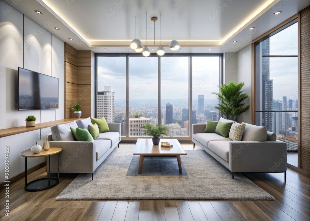 Minimalist apartment with city view. Interior design of modern living room Minimalist apartment with city view. Interior design of modern living room