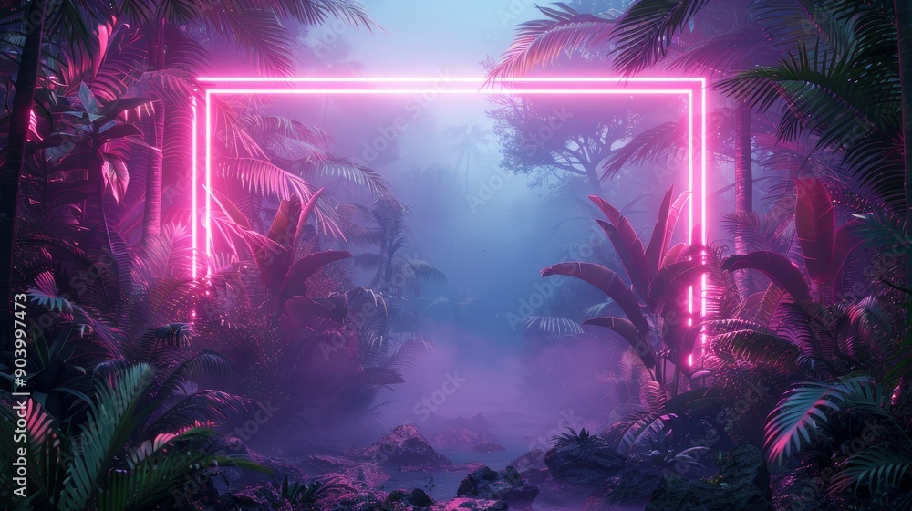 Fototapeta premium A futuristic neon frame surrounding a tropical forest scene, with glowing accents highlighting the beauty of the natural environment.