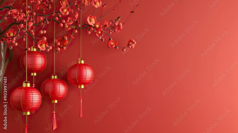 Festive background Happy New Year in Asian style. Happy Chinese New Year banner background template. Decoration with traditional festival lanterns on a red background. Festive background Happy New Year in Asian style. Happy Chinese New Year banner background template. Decoration with traditional festival lanterns on a red background.