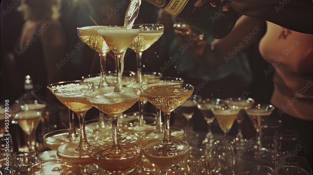 A woman at a party pours champagne into glasses stacked in a pyramid. The image is slightly blurry with film grain for effect.