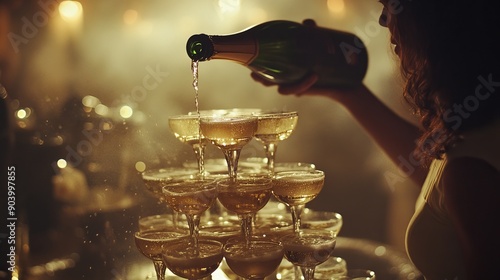 A woman at a party pours champagne into glasses stacked in a pyramid. The image is slightly blurry with film grain for effect. photo