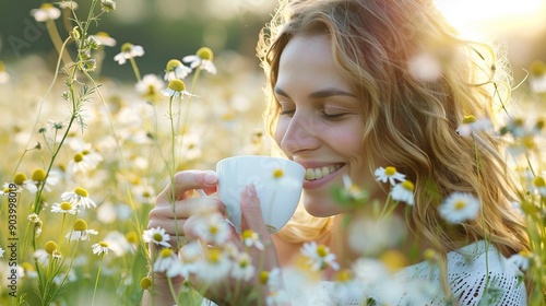 A woman enjoys a cup of chamomile tea in a field of chamomile flowers during the summer months.