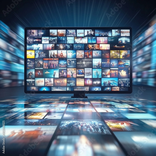 a highly immersive digital environment with an array of high-definition screens displaying a multitude of vibrant images and videos. This setup resembles a futuristic control room or a multimedia