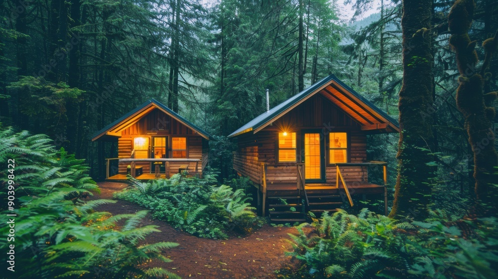 Two charming wooden cabins glow softly in the tranquil forest at twilight Two charming wooden cabins glow softly in the tranquil forest at twilight