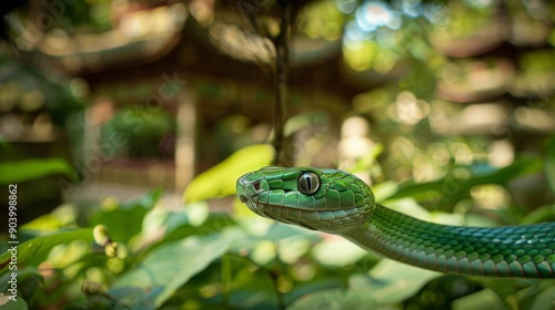 Vivid Green Snake Amidst Lush Foliage in Natural Habitat © Oksana Smyshliaeva