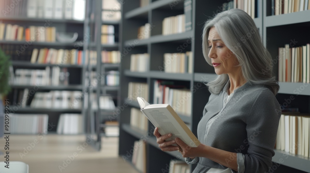 Elegant Senior Woman Reading Book in Modern Library Elegant Senior Woman Reading Book in Modern Library