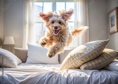 Adorable furry friend, a joyful dog or cat, leaps onto a rumpled bed, scattering pillows, to greet the morning and rouse their sleepy companion. photo