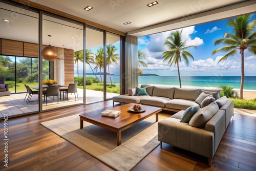 Elegant villa living room with sleek furniture, floor-to-ceiling windows, and sliding glass doors opening to a stunning tropical beach with swaying palm trees. © DigitalArt Max
