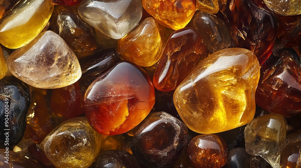 Amber stones, both polished and unpolished, in various colors and textures, are displayed in a close-up shot. Amber stones, both polished and unpolished, in various colors and textures, are displayed in a close-up shot.