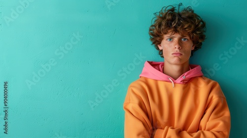 A teenage boy with curly brown hair and freckles stands pensively against a green wall, wearing an orange hoodie with a pink hood, symbolizing youthful contemplation and individuality. photo