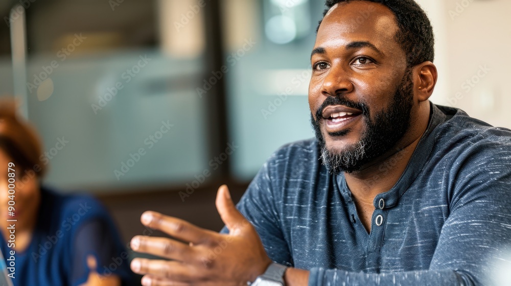 Confident African American Man Speaking in Casual Meeting Confident African American Man Speaking in Casual Meeting