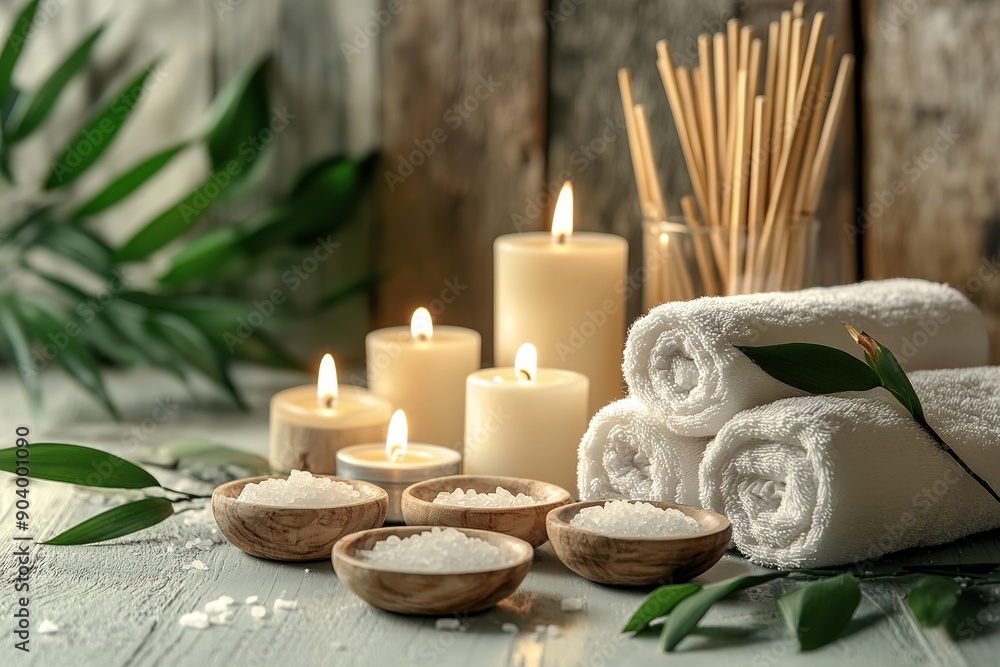Spa Setting with Candles, Brown Towels, and Relaxation Accessories on Table, Wellness Concept with Copy Space for Text Spa Setting with Candles, Brown Towels, and Relaxation Accessories on Table, Wellness Concept with Copy Space for Text