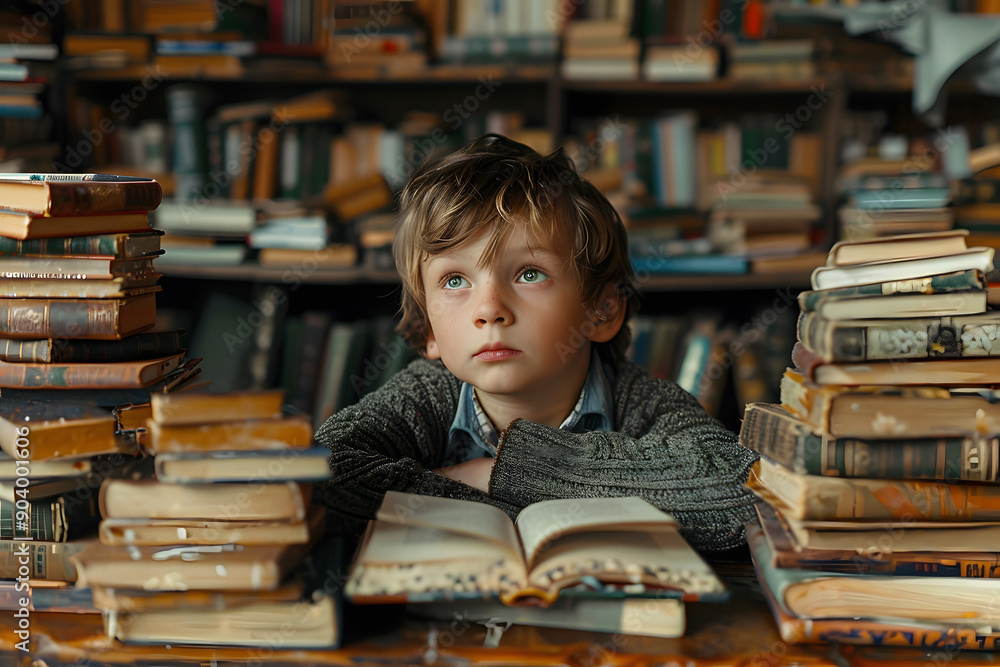 a realistic image of a stressed child surrounded by books, depicting confusion and academic pressure a realistic image of a stressed child surrounded by books, depicting confusion and academic pressure
