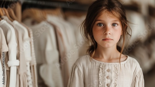 A young girl with freckles and a serious expression stands among hanging clothes, highlighting her simple, earthy-toned outfit in a boutique setting. photo