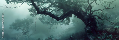 Wallpaper Mural A slender vine wraps around the trunk of a ancient tree in a misty forest.  Torontodigital.ca