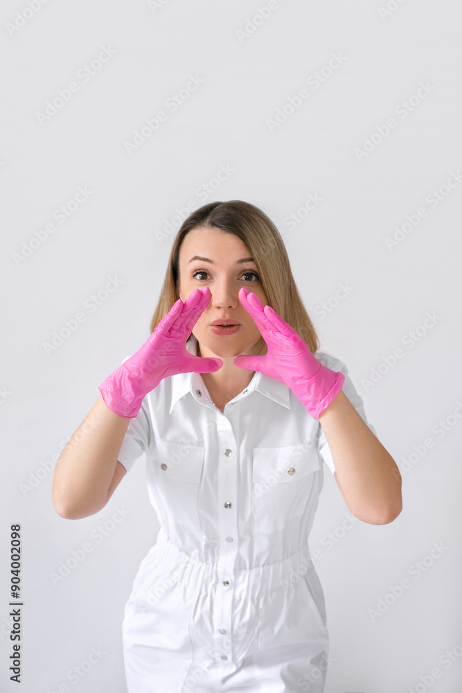 A cosmetologist-dermatologist in pink gloves on a white background tells the secret methods of treatment with hands on cheeks A cosmetologist-dermatologist in pink gloves on a white background tells the secret methods of treatment with hands on cheeks