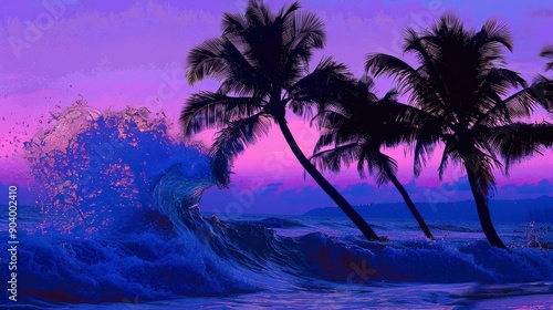 Tropical Sunset Silhouette: Vibrant Ocean Waves and Palm Trees
