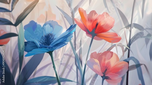 Ethereal Digital Art of Blue and Orange Flowers in Gentle Sunlight
