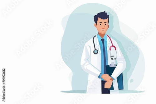 Male doctor with stethoscope and ID badge on a light background representing professional healthcare and medical services.