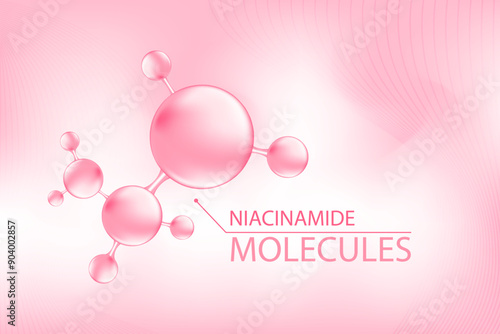 Nude pink 3d beauty background with molecule of niacinamide or collagen ball, vector bio abstract scientific icon. Great for cosmetology advertisement. Beauty science skin care molecular concept