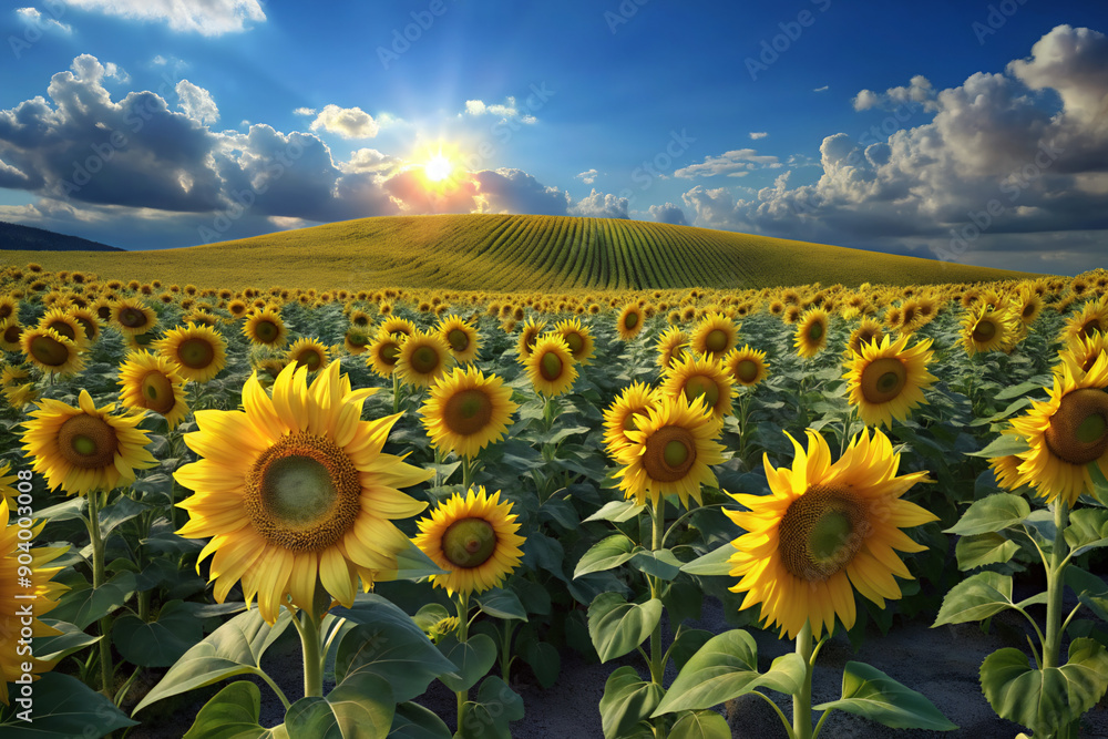 Fototapeta premium field of sunflowers, field, flower, sky, nature, agriculture, summer, yellow, sun, plant, blue, sunflowers, meadow, leaf, farm, bright, landscape