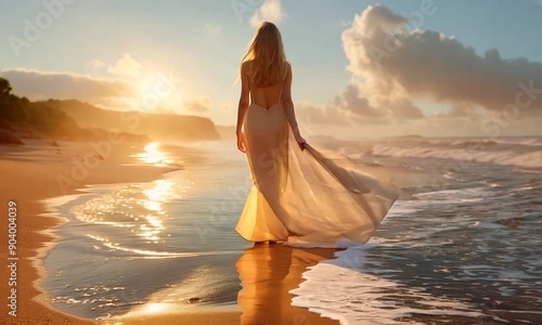 Golden Hour Serenity: Woman in white dress walks towards ocean sunset