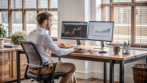 Wallpaper Mural A minimalist workspace with a single trader sitting at a desk surrounded by essential trading tools and equipment. Torontodigital.ca