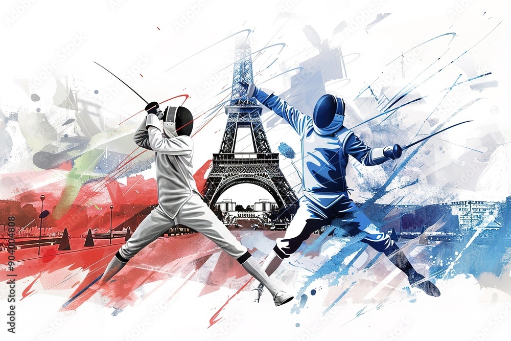 Obraz premium A dynamic illustration of two fencers fencing in front of the Eiffel Tower, with a red and blue color palette. A detailed ink sketch with splashes of paint in the style of Robby. white Background